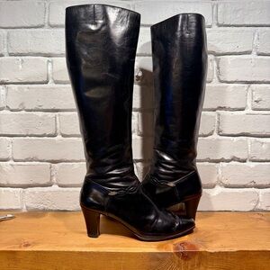Vintage Salvatore Ferragamo Black Leather Knee-High Boots Italian Luxe Heels